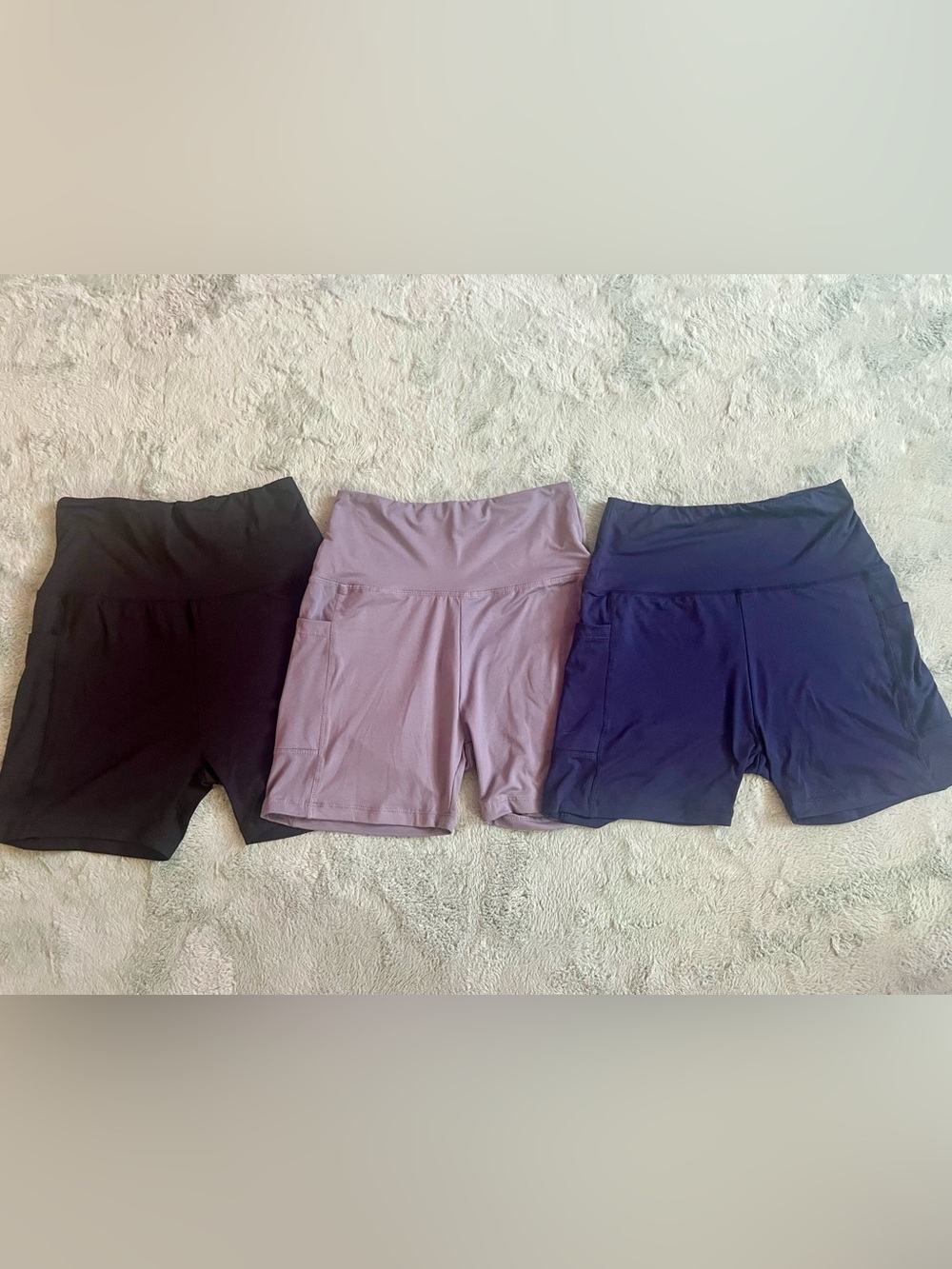 Set of 3 Women's High-Waist Active Shorts in Black, Navy, Light Gray S/M